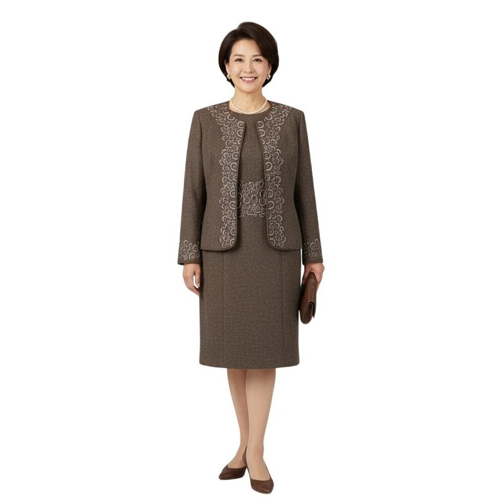 Oscar De La Renta Vintage 90s Quiet Luxury Brown Embroidered Dress Suit Size 12